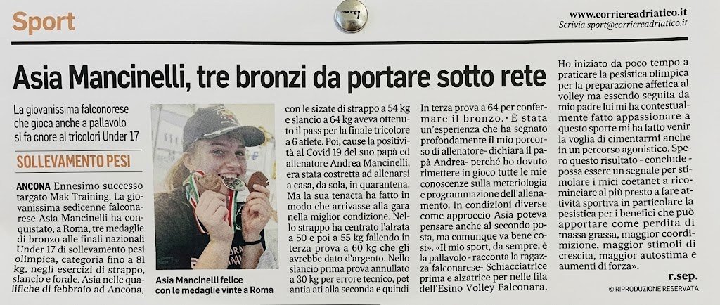 Articolo del Corriere Adriatico su Asia Mancinelli, tre bronzi nel sollevamento pesi