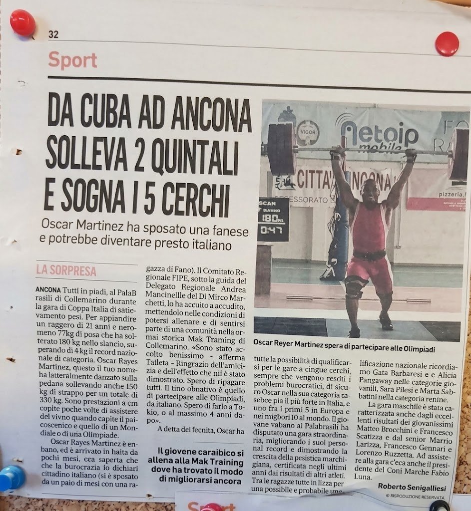 Articolo su Oscar Reyes Martinez, da Cuba ad Ancona, che solleva due quintali