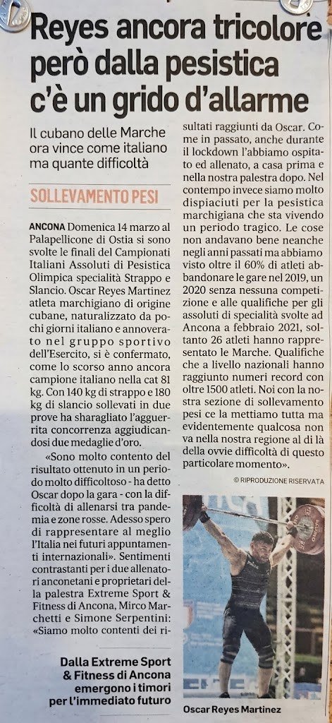 Articolo su Oscar Reyes campione tricolore di pesistica