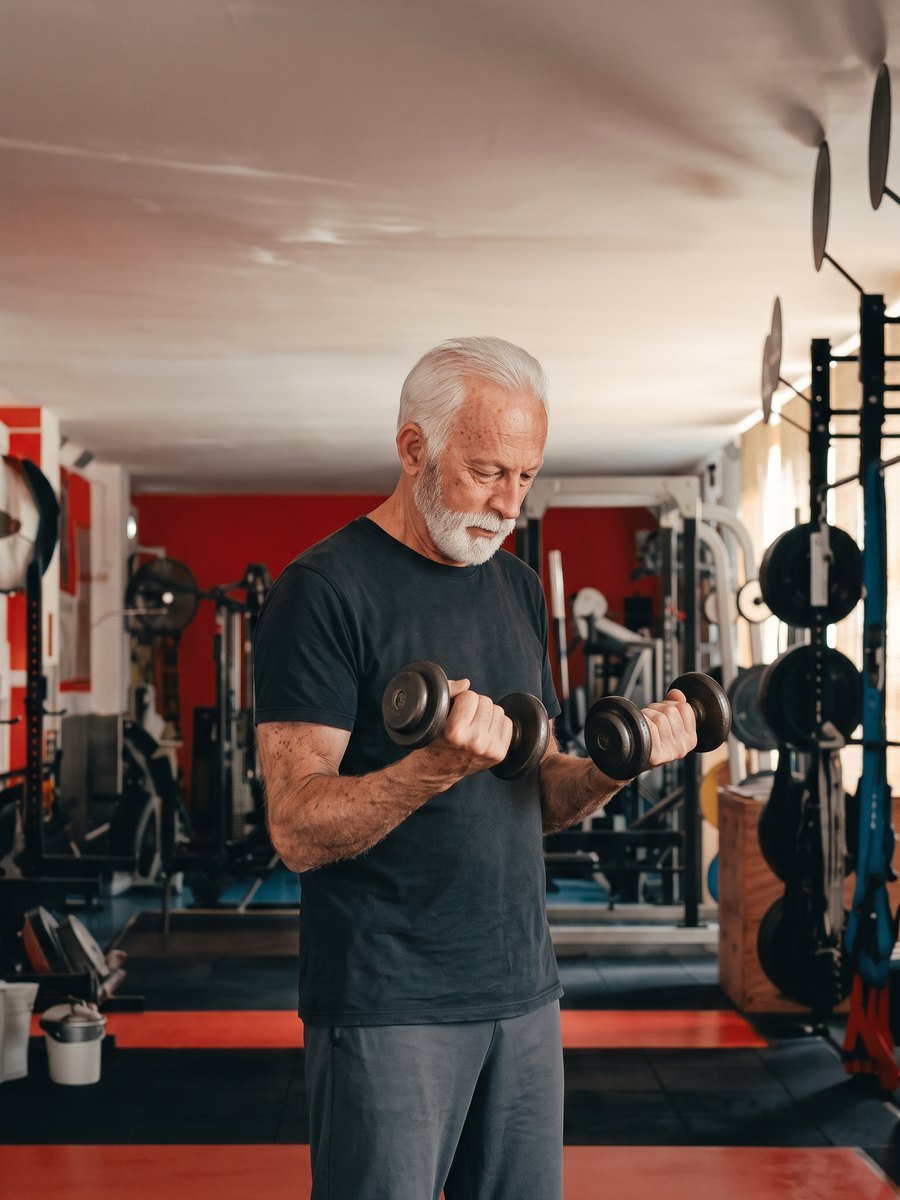 Uomo over 70 che si allena con i manubri nella sala della Mak Training